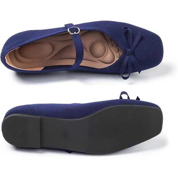 Women Dark Blue Fabric Upper And Rubber Sole Ballet Flats With Ankle Strap - Picture 2 of 7